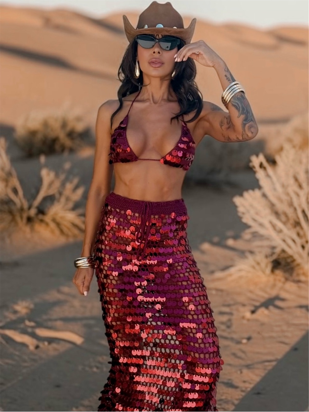 Burgundy Crochet Sequin Festival Bikini Skirt Set, Disco Cowgirl Outfit